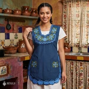 Blue Mexican Embroidered Smock Apron – Floral Traditional Design